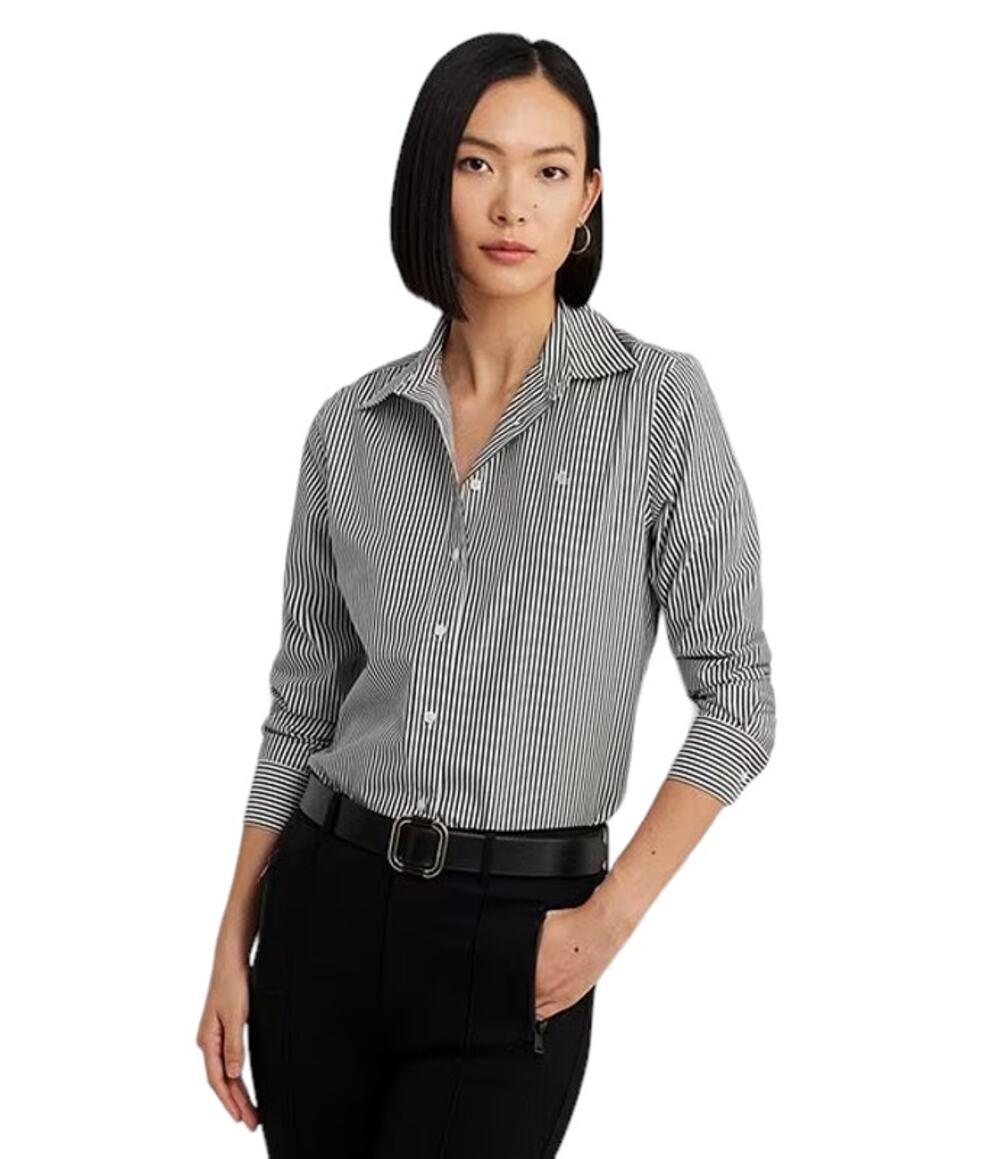 Lauren Ralph Lauren Striped Print Point Collar Shirttail Hem Shirt Size Small